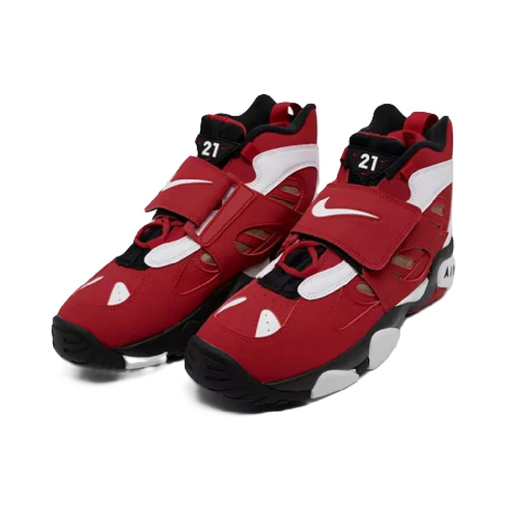 Pair of red, white and black Nike Air high-top sneakers with hook-and-loop strap
