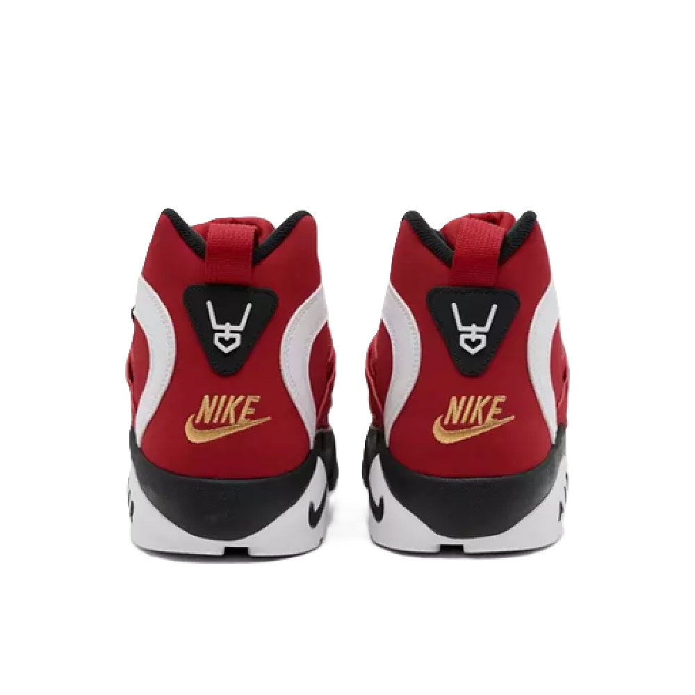 Red and white Nike Air high-top sneakers with rear logo and black outsole