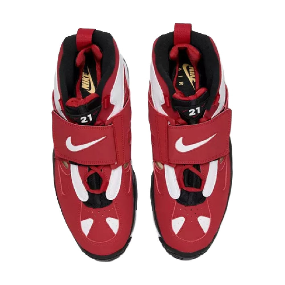 Red Nike Air high-top sneakers with side strap, swoosh, and white accents