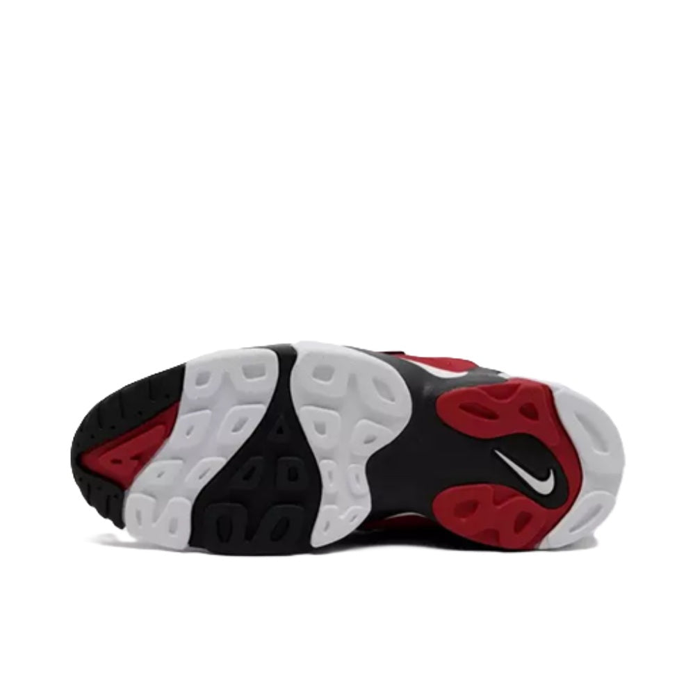 Outsole view of red, white and black Nike Air high-top sneakers with tread pattern