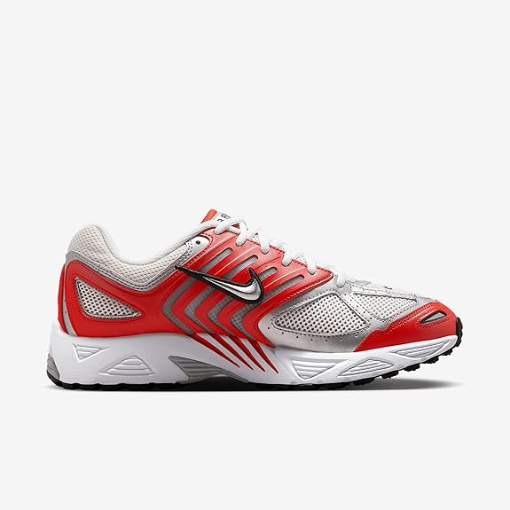 Men's Nike Air Pegasus 2005 sneaker, white mesh upper with red stripes and black Swoosh.