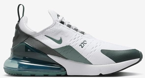 Nike Air Max 270 low-cut sneakers, white mesh with green overlays and swoosh