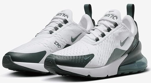 Nike Air Max 270 sneakers pair, white uppers with green heel and cushioned midsole