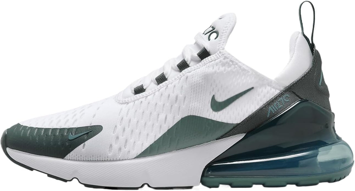 Nike Air Max 270 sneakers in white with dark green accents and visible Air unit