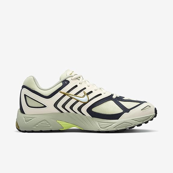 Men's Nike Pegasus 2005 shoes: cream upper, navy stripes, gold swoosh