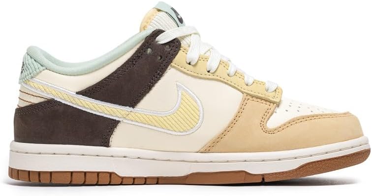 Kids' Nike Dunk Low sneakers, cream/yellow upper with dark brown overlays and white laces