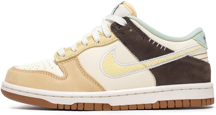 Kids' Nike Dunk Low sneakers, cream/yellow with dark brown panels and light blue swoosh