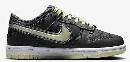 Kids' Nike Dunk Low sneakers, dark upper with light gray swoosh and lime green laces