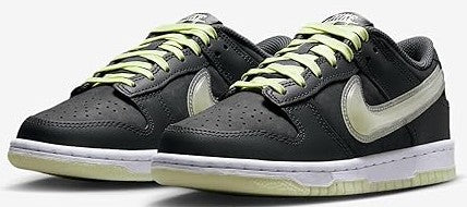Kids' Dunk Low sneakers with dark gray leather, light gray swoosh, lime green lace trim