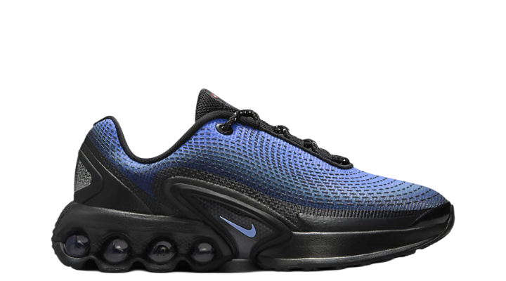 Kids' Nike Air Max DN sneakers, blue knit side with black outsole and Swoosh