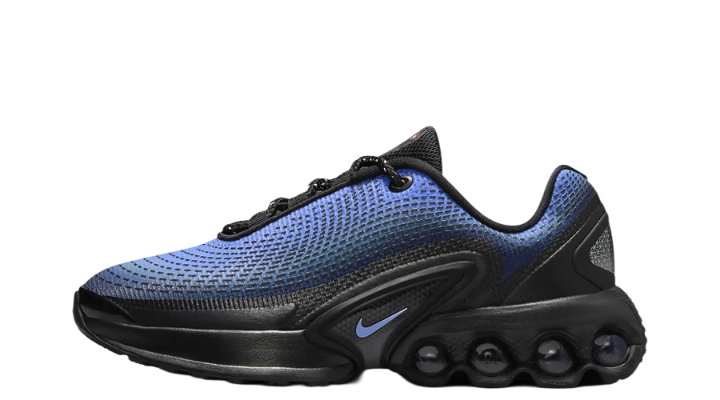Kids' Nike Air Max DN sneakers with blue knit upper, black sole, Swoosh
