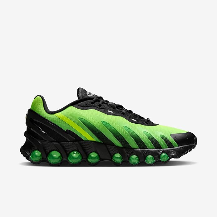 Nike Air Max DN8 running sneaker, side view, neon green and black with green pods