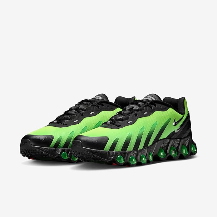 Nike Air Max DN8 running sneaker, angled front, black laces and neon green stripes
