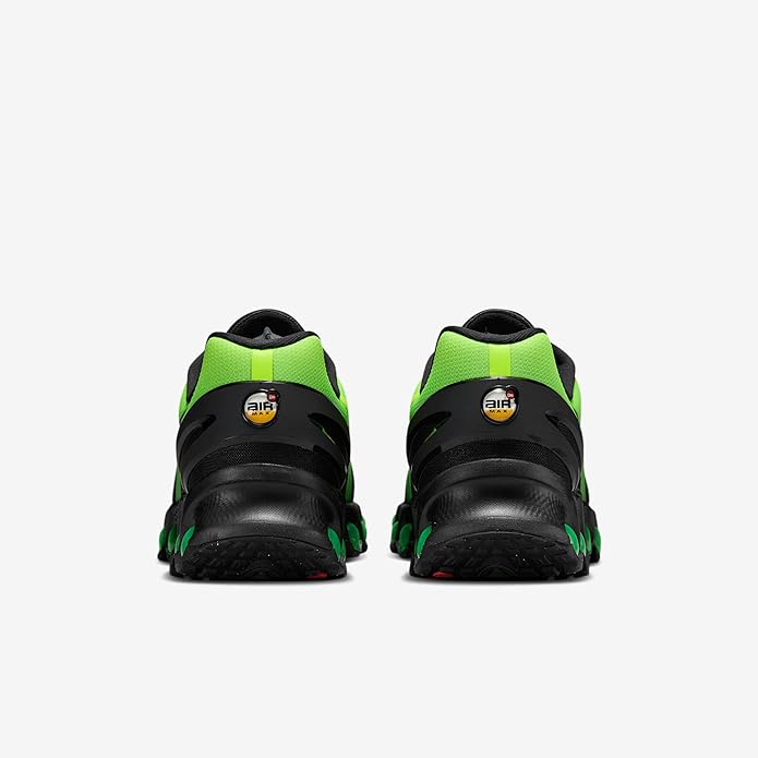 Nike Air Max DN8 running sneaker heels, black leather with neon green collar and Air logo