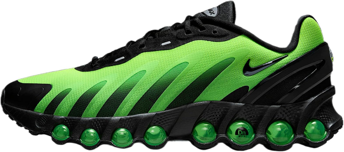 Nike Air Max DN8 running sneaker with neon green upper and black ribbed stripes