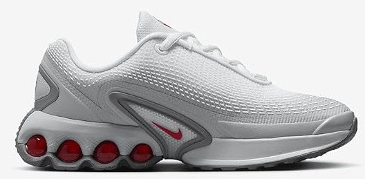Kids' Nike Air Max DN SE sneakers, light gray with red heel pods and swoosh detail