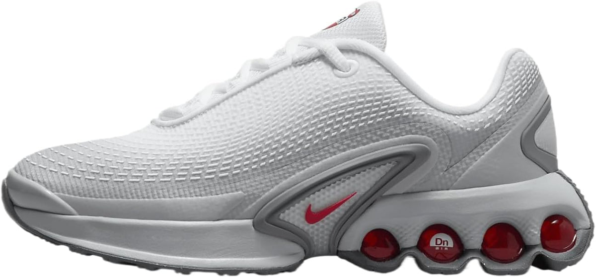 Kids' Nike Air Max DN SE sneakers, light gray knit upper with red accents, side view