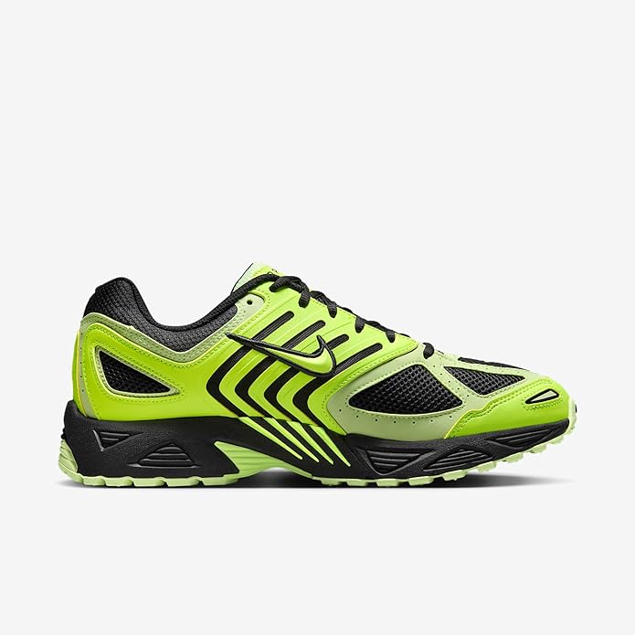 Volt green and black running sneakers with mesh panels and bold striped logo