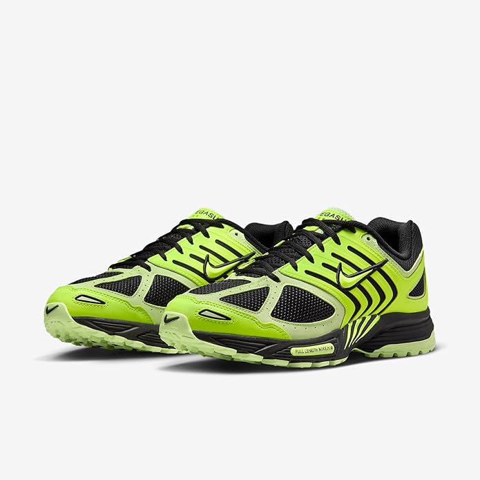 Volt green and black lace-up sneakers with Swoosh and zebra-like stripe overlays