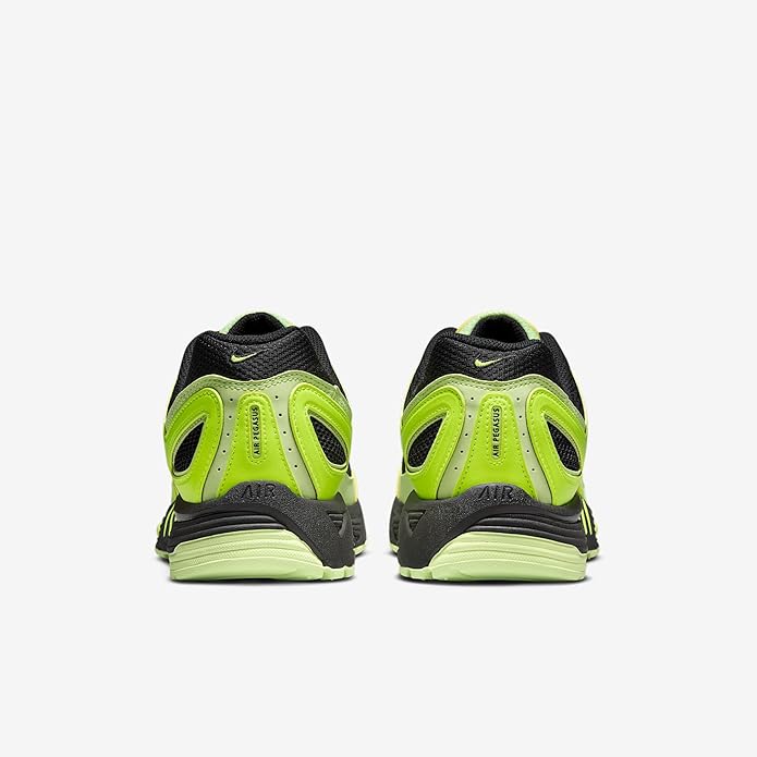 Heel view of volt green and black running sneakers with cushioned collar and Nike Air