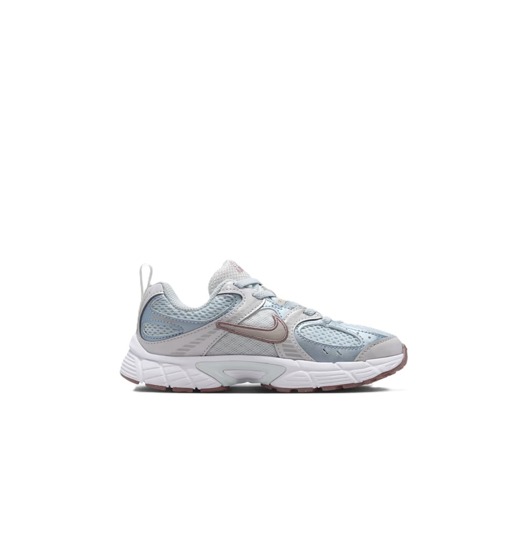 Kids' Nike V5 running sneakers in light blue, gray, and white with brown accents
