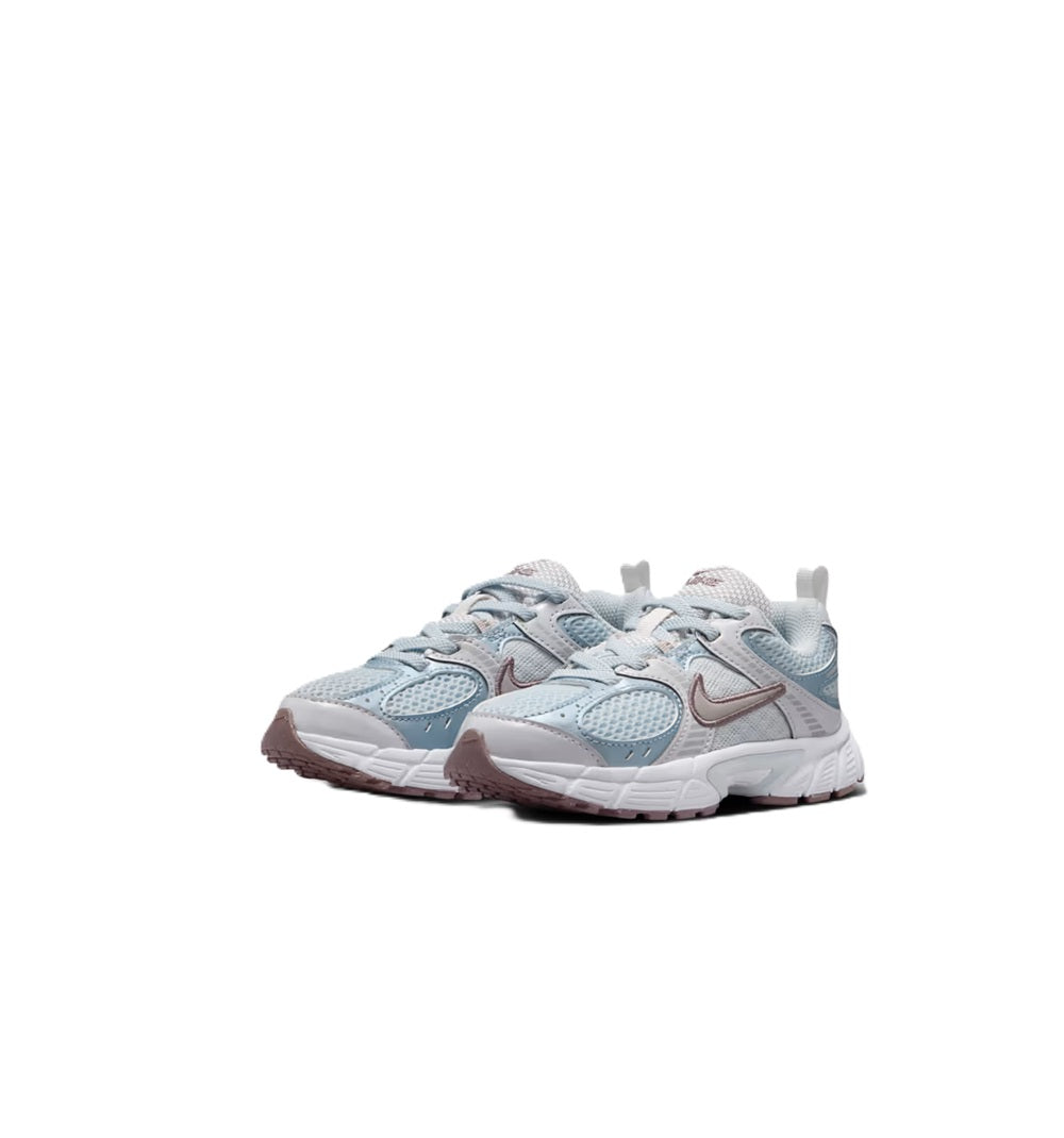 Kids' Nike V5 running sneakers angled view with blue mesh panels and lace-up front