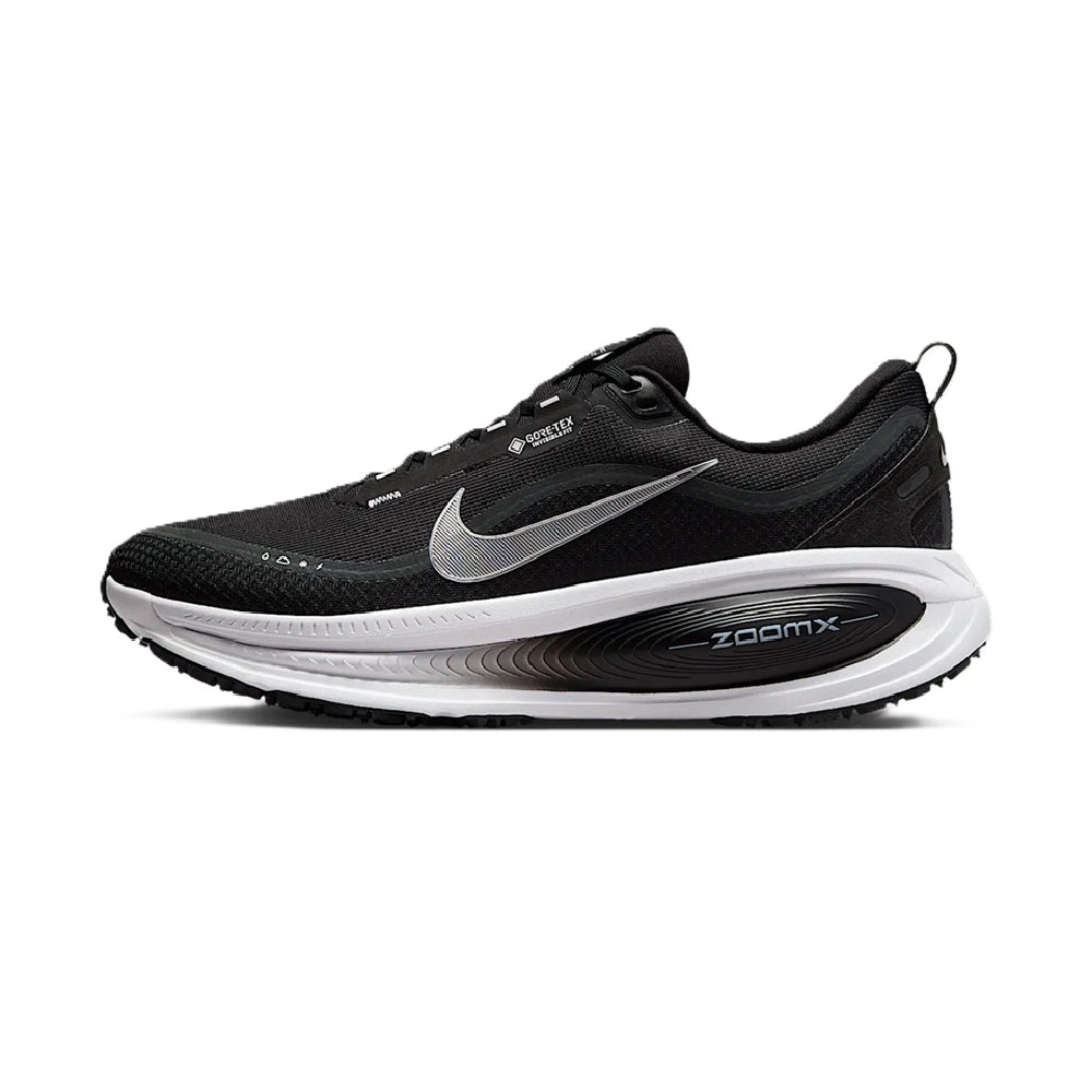 Men's Nike Vomero 18 GTX running shoes, black with metallic silver swoosh and ZoomX midsole