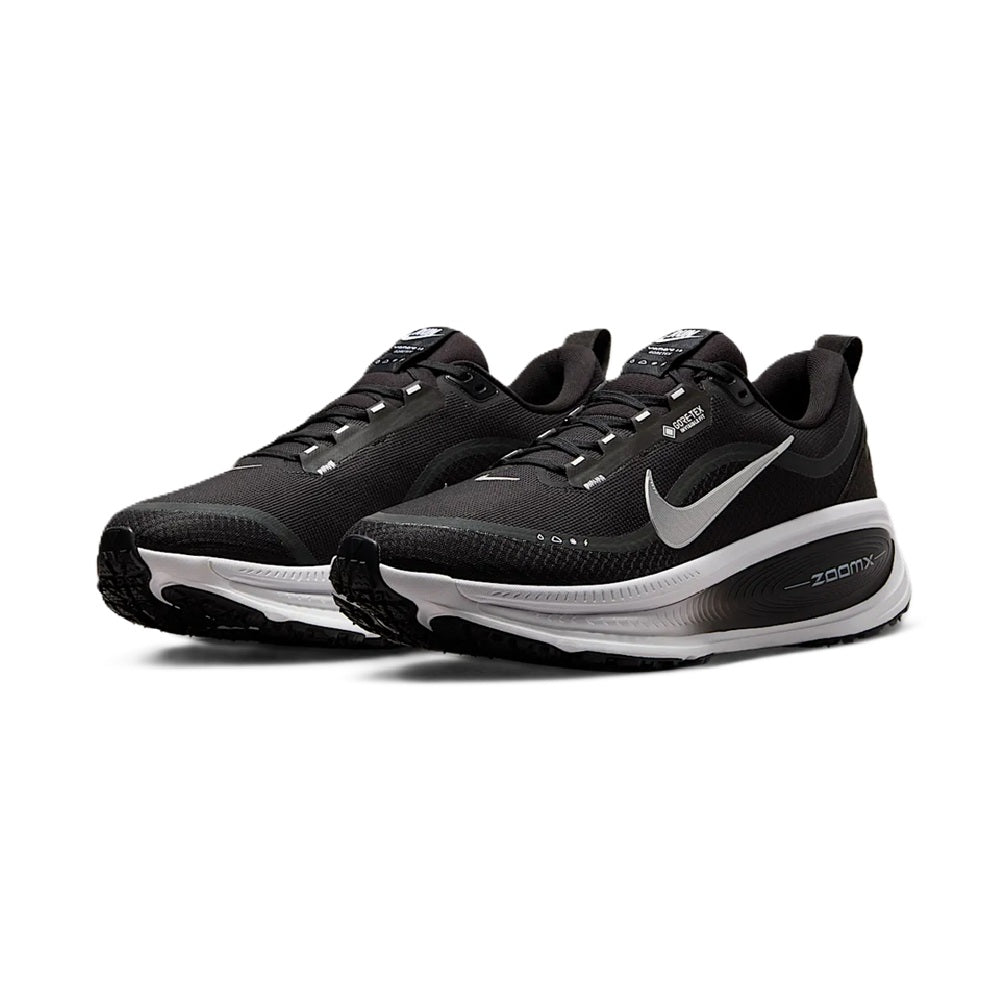 Men's Nike Vomero 18 GTX running shoes, black with silver swoosh and cushioned white sole