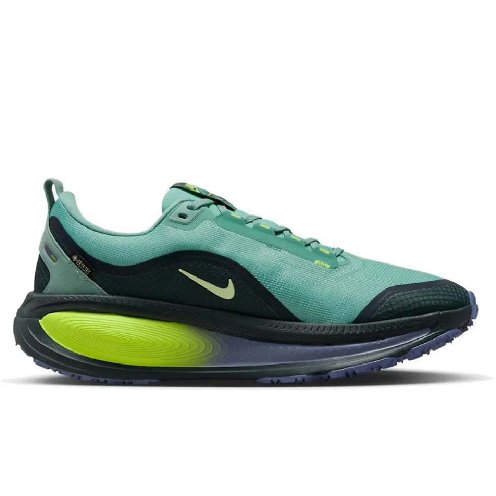 Men's Nike trail running shoe in seafoam and black with neon green accents