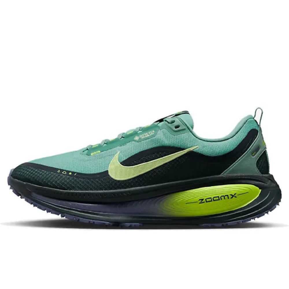 Men's Nike GTX running shoe, seafoam upper with black panel and neon ZoomX logo
