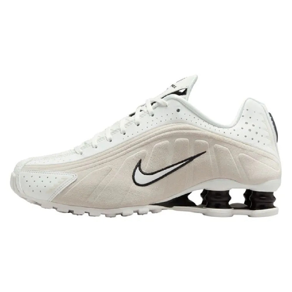 Nike Shox R4 low-top sneakers in summit white with black Swoosh and visible air pods