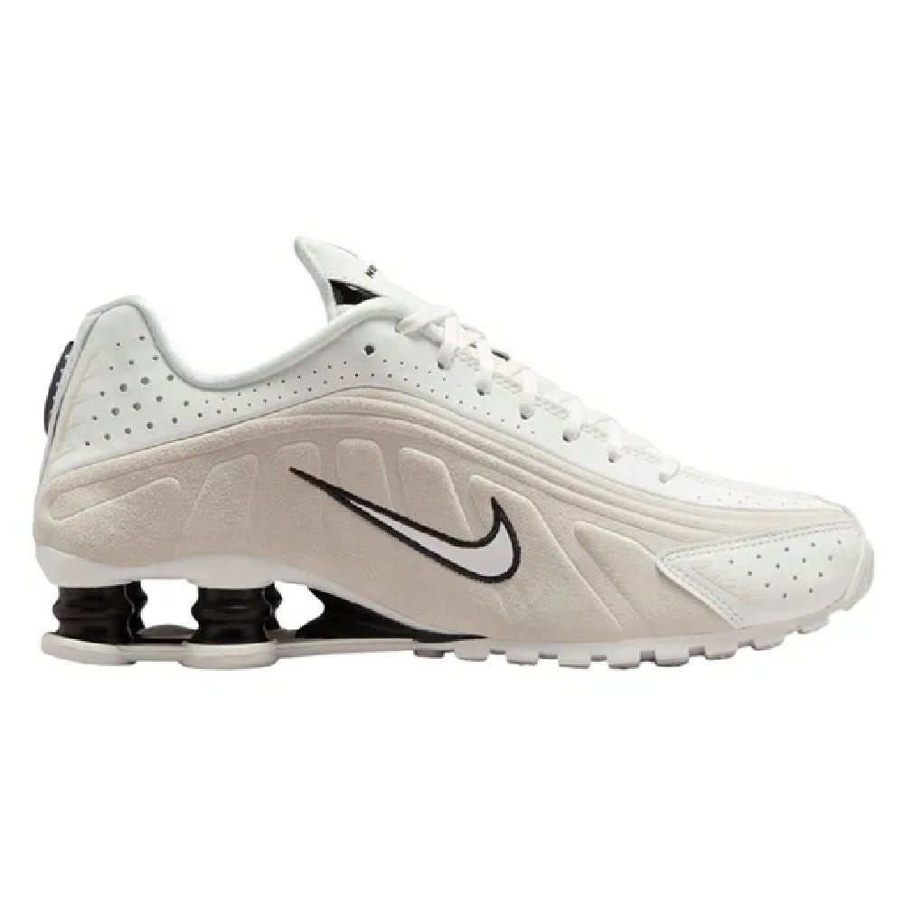 Nike Shox R4 low-top sneakers, summit white mesh with black Swoosh and side air pods