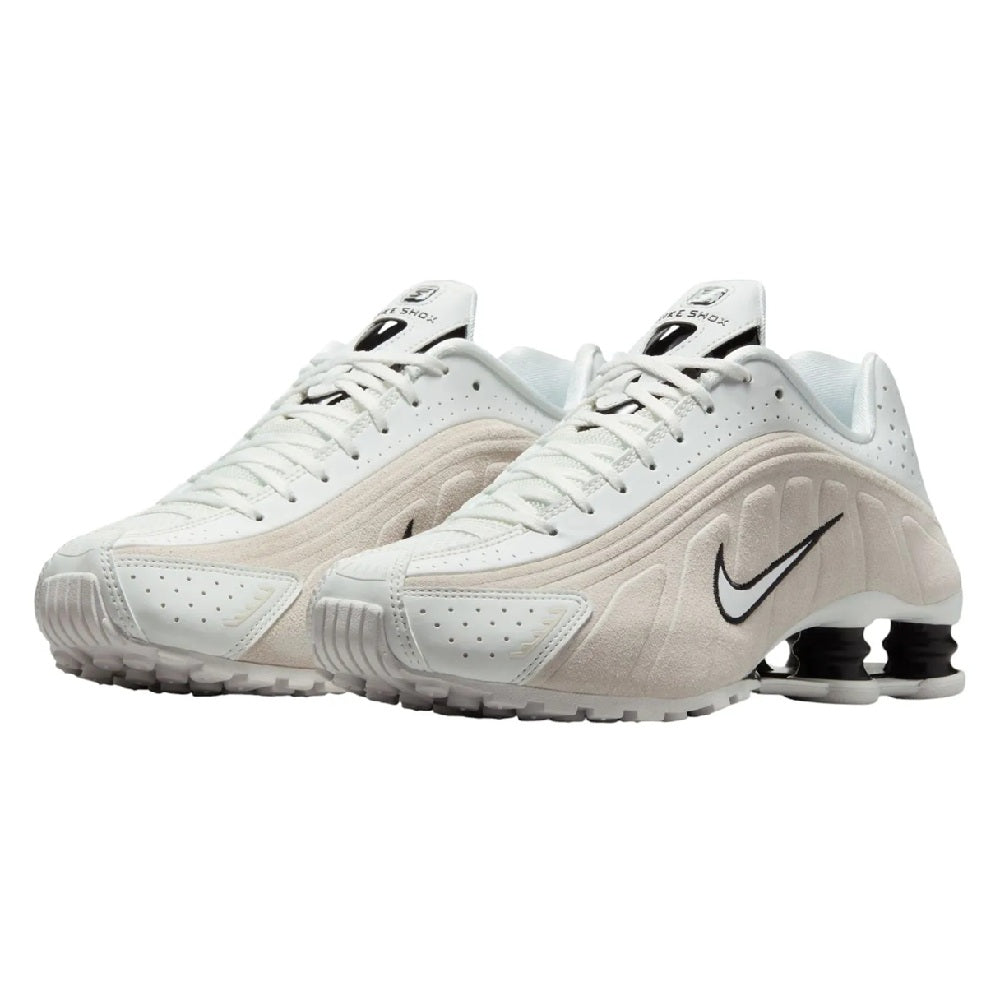 Nike Shox R4 sneakers, white lace-up uppers with black Swoosh and stacked Shox sole