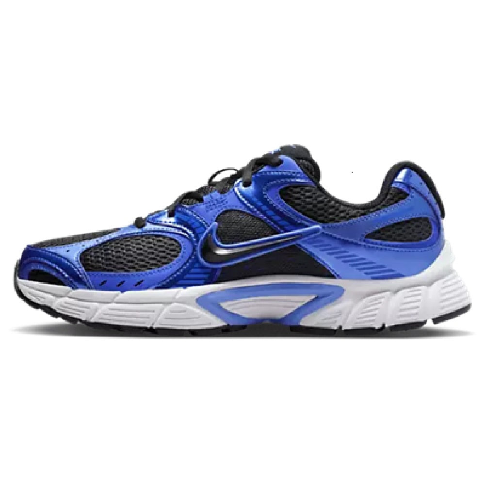 Women’s blue and black lace-up running sneakers, side profile with swoosh