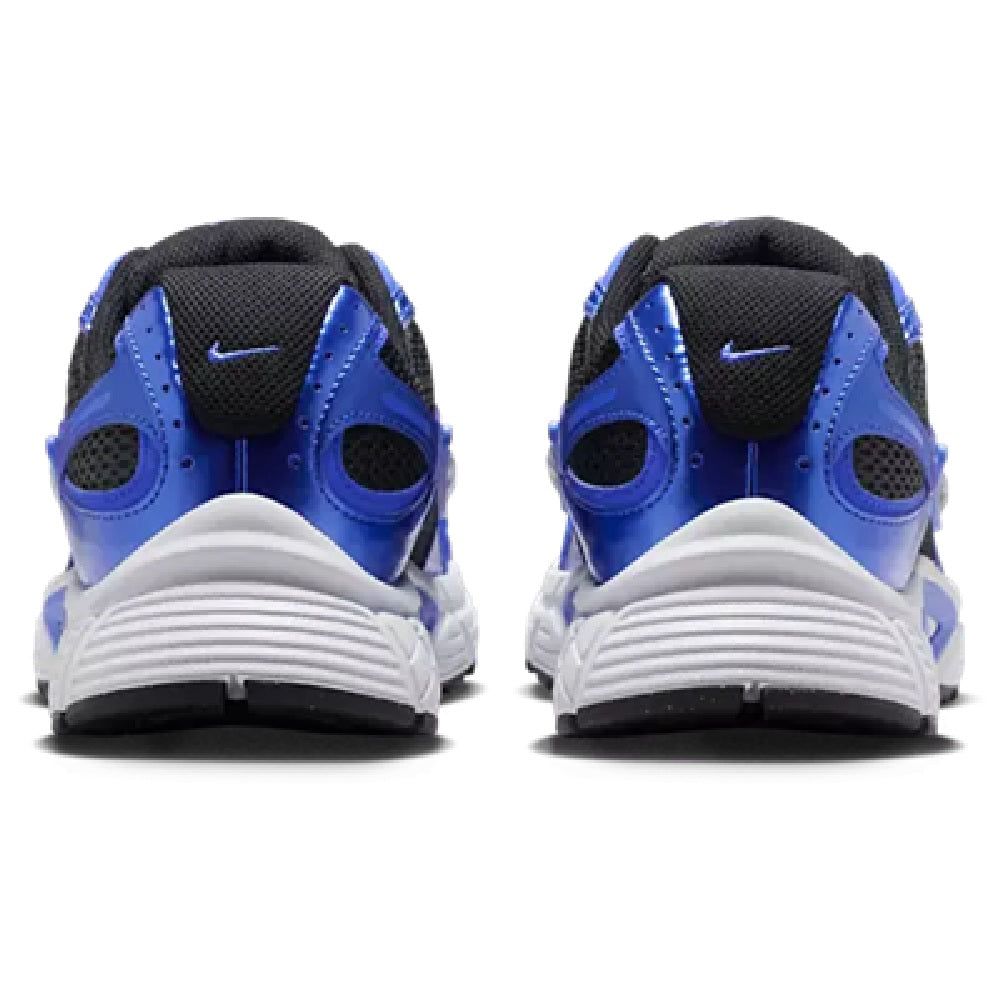 Women’s blue running sneakers, rear view with black heel and white sole