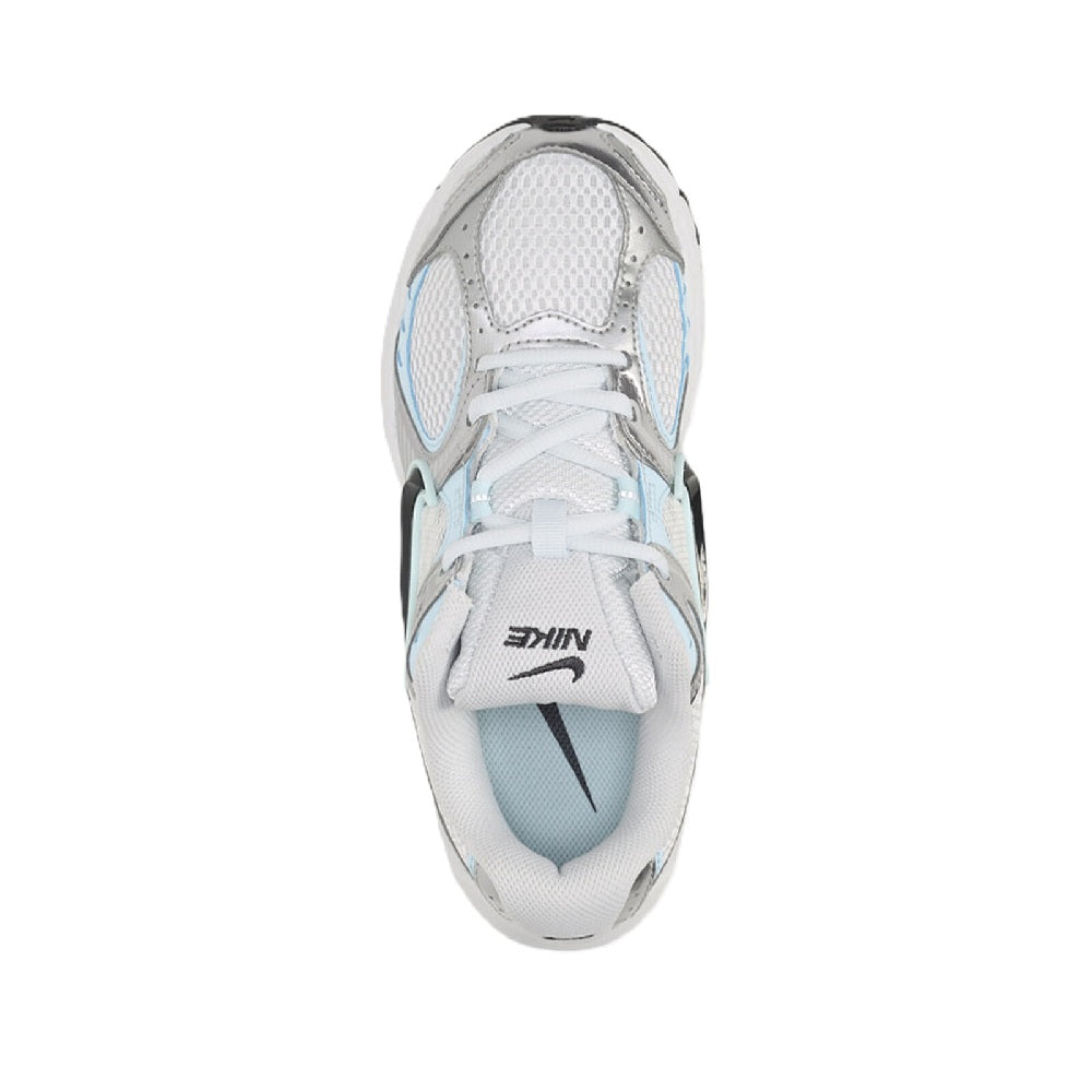 Women's Nike V5 RNR shoe, front view: white upper with light blue lining and laces
