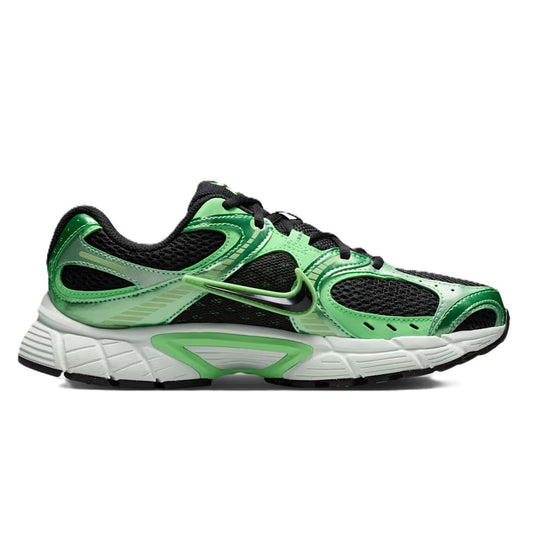 Women’s Nike running sneakers, black mesh with bright green overlays and lace-up