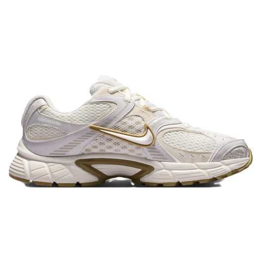 Women's Nike V5 RNR running shoe in sail/beige with gold swoosh and mesh upper