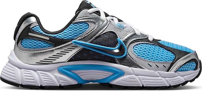 Women's Nike V5 RNR sneakers, side view, blue mesh panels and black accents