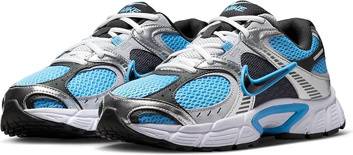 Women's Nike V5 RNR sneakers, front angled pair with blue mesh and silver trims