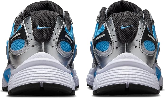 Women's Nike V5 RNR sneakers, heel view with blue mesh, black uppers, and white sole