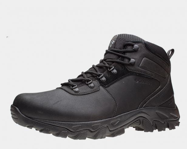 Waterproof hiking boots in dark gray with black laces, padded collar, and rubber toe cap