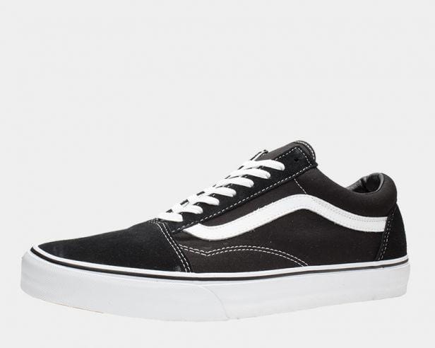Black low-top skate shoe with white side stripe, lace-up front, padded ankle collar