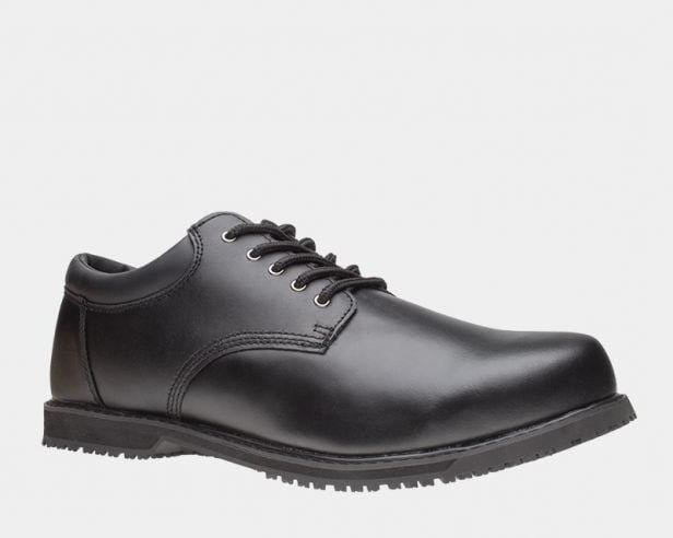 Black lace-up oxford shoe, side view, with metal eyelets and cushioned sole