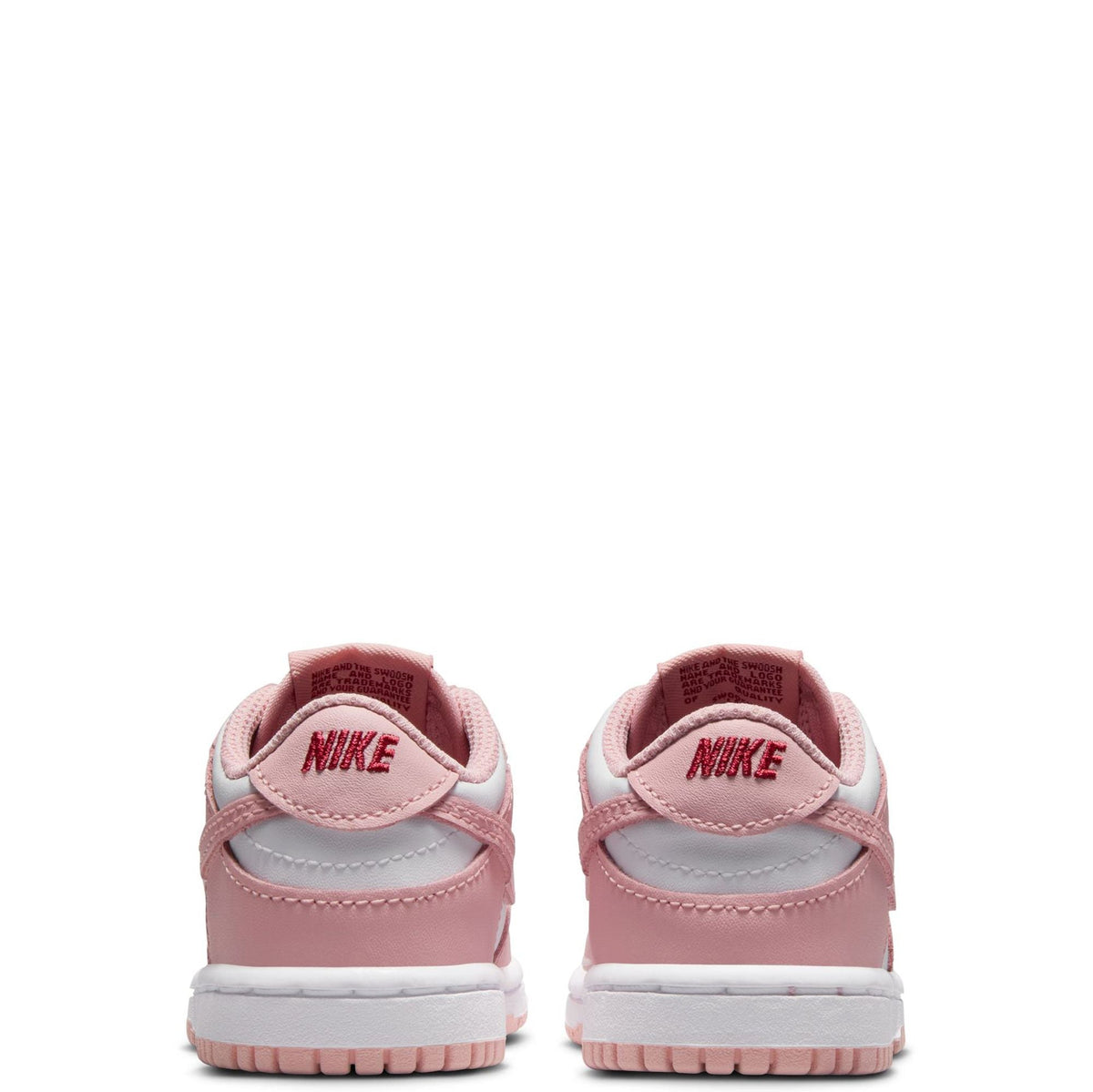 Toddler Nike Dunk Low sneakers, heel view with pink back tab and Nike logo.