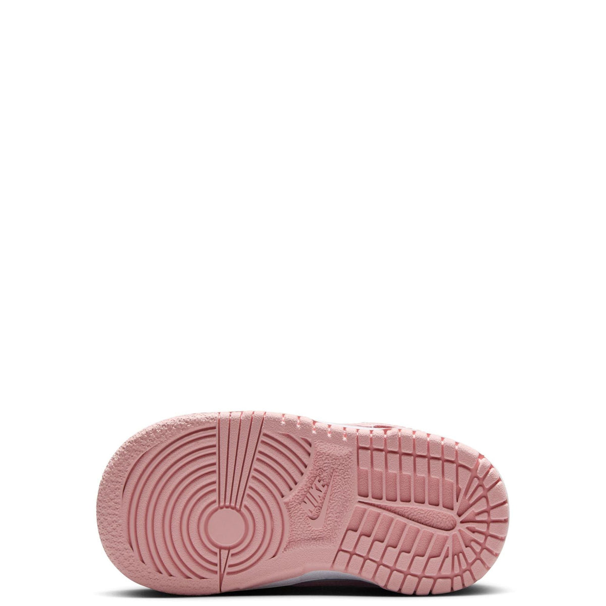 Toddler Nike Dunk Low outsole, pink rubber tread with circular pivot pattern.