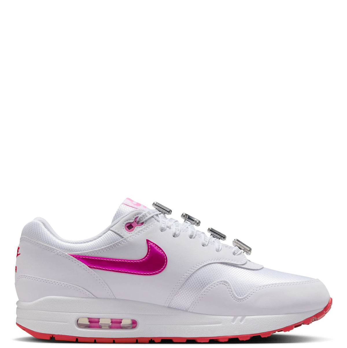 Men's Nike Air Max 1 PRM sneakers, white upper with magenta Swoosh, lace-up, air window