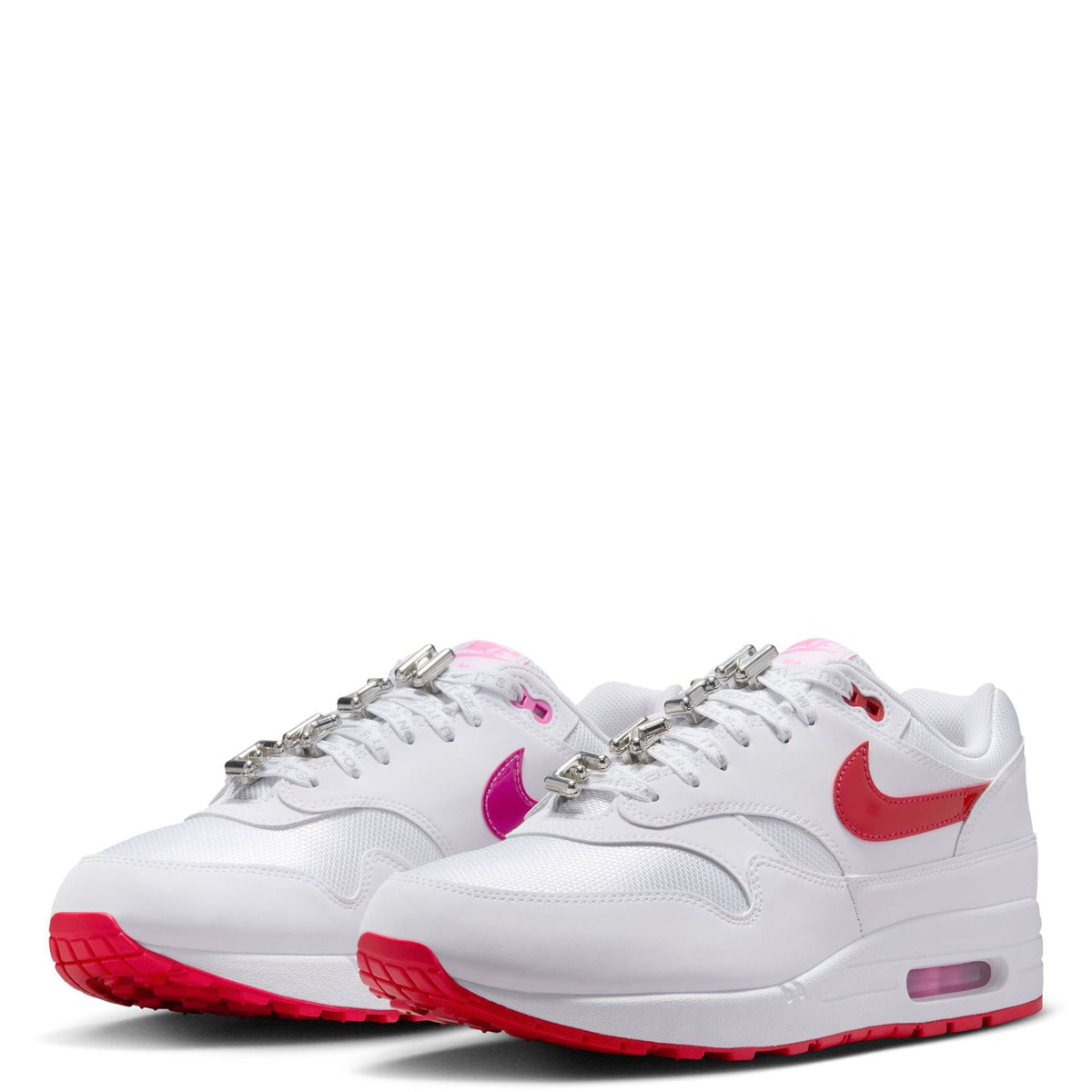 Men's Nike Air Max 1 PRM sneakers pair view, white leather-look with red and magenta accents