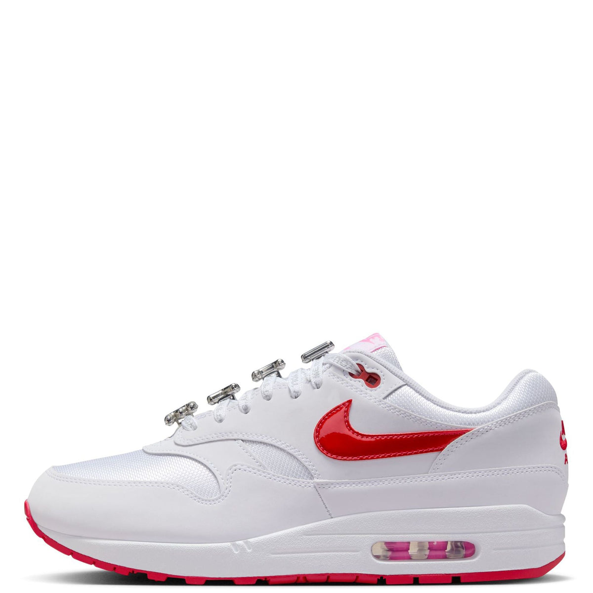 Men's Nike Air Max 1 PRM sneakers in white with red Swoosh, lace-up, red sole