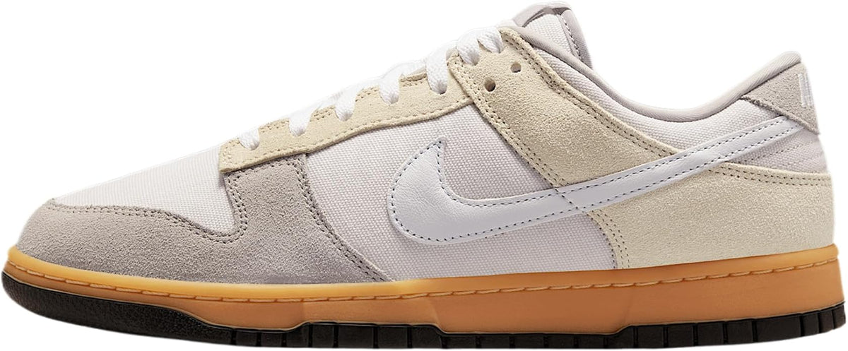 Nike Dunk Low sneakers in off-white, gray, and beige with gum rubber sole